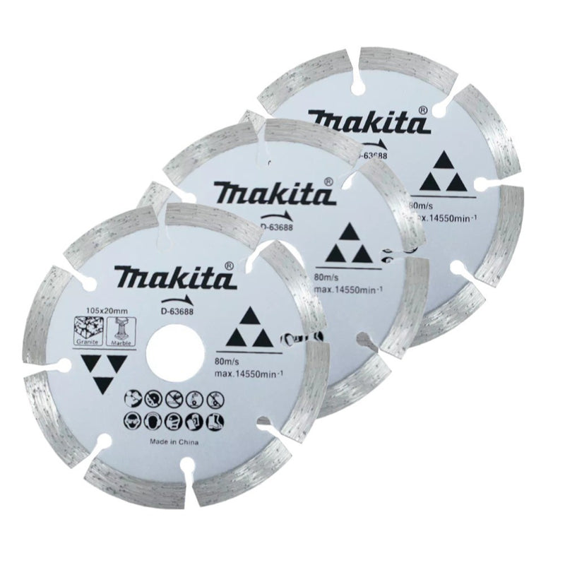 Kit 3 Discos diamantados segmentado 105 mm p/ mármore Makita